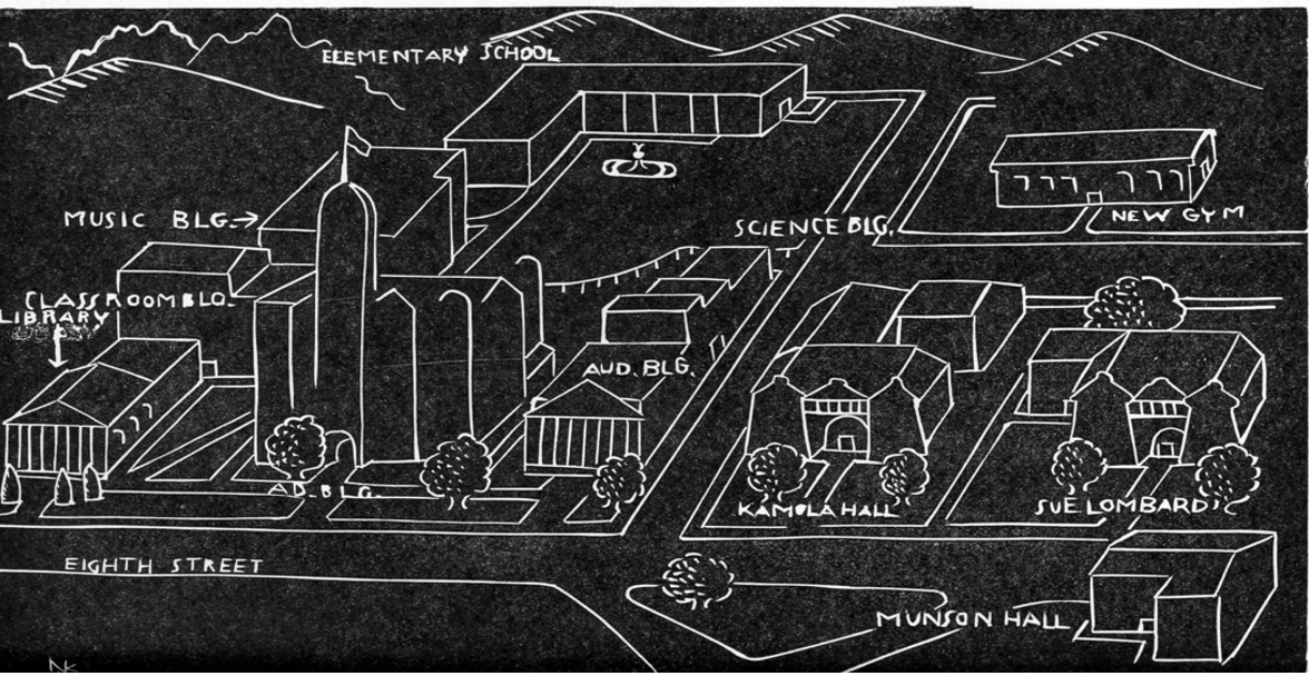 A handdrawn map of the CWU campus from The CW Seer: A Handbook for New Students in 1941.
